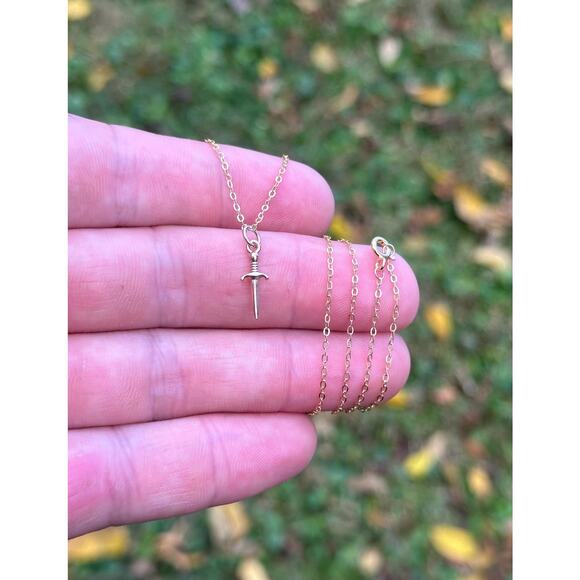 14K Gold Plated Necklace with Bronze Mini Dagger Charm - Picture 2 of 4